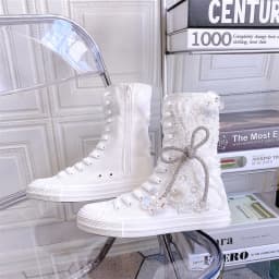 Women Round Toe High Heel Canvas Boots DIY Flowers Pearls Tassels Flat Casual Shoes Solid White Lolita Sweet Girls New Year Gift