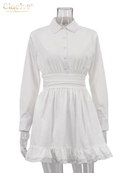 Clacive Fashion Loose White Women's Dress 2024 Elegant Lapel Long Sleeve Mini Dresses Casual High Waist Pleated Female Dress