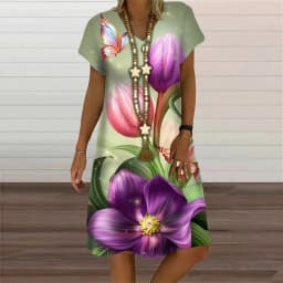 Summer Fashion Butterfly Plant Flowers Print Women Dress Elegant Sweet Short Sleeve V-Neck Oversized Clothing Casual Loose Dress