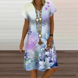 Summer Fashion Butterfly Plant Flowers Print Women Dress Elegant Sweet Short Sleeve V-Neck Oversized Clothing Casual Loose Dress