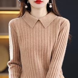 Autumn Winter New Woman 100% Wool Sweater Soft Polo Collar Vertical Stripe Pullover Casual Knitted Tops Cashmere Female Sweater
