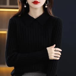 Autumn Winter New Woman 100% Wool Sweater Soft Polo Collar Vertical Stripe Pullover Casual Knitted Tops Cashmere Female Sweater