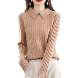 Autumn Winter New Woman 100% Wool Sweater Soft Polo Collar Vertical Stripe Pullover Casual Knitted Tops Cashmere Female Sweater