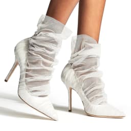 Sexy Ruffled Mesh Lace Covered Translucent Ankle Boots Pointed Toe Woman Dim Lace Summer Boots Thin High Heels Pumps