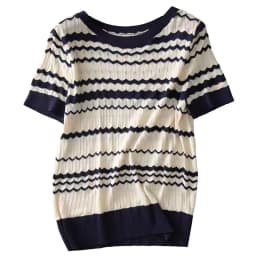 Fashionable summer wave stripe ice silk knit short sleeve women's round collar thin cotton and linen T-shirt half sleeve top