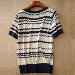 Fashionable summer wave stripe ice silk knit short sleeve women's round collar thin cotton and linen T-shirt half sleeve top