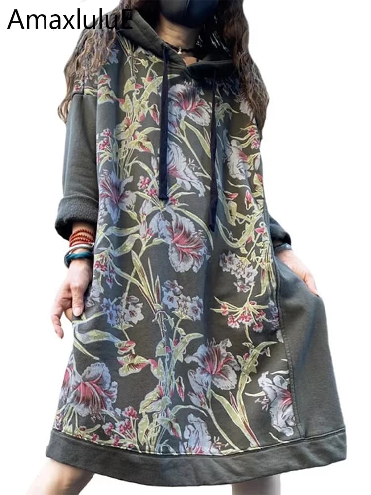 Amax luluE Autumn 2024 Vintage Printed Hooded Dress Women Casual Loose Vestidos Female Harajuku Floral Punk Fitness Long Clothes