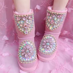 Sweet Pink Gemstone Pearl Beads Snow Boots Ladies Bling Diamond Flat Warm Plush Slip On Winter Booties
