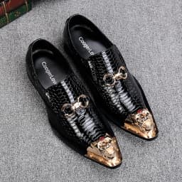 Men's Black Genuine Leather Snake‑Embossed Pointed‑Toe Dress Shoes Dragon Head Decor Luxury Trendy Footwear For Summer Business