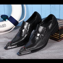 Men's Black Genuine Leather Snake‑Embossed Pointed‑Toe Dress Shoes Dragon Head Decor Luxury Trendy Footwear For Summer Business
