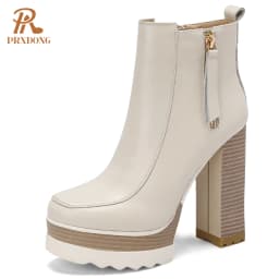 2021 Autumn Winter Women's High Heeled Thick Platform Ankle Boots with Zipper Mixed Colors Motorcycle Ladies Shoes Beige Black