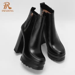 2021 Autumn Winter Women's High Heeled Thick Platform Ankle Boots with Zipper Mixed Colors Motorcycle Ladies Shoes Beige Black