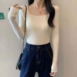 Lucyever 2025 Basic Square-neck Solid Pullover Women High Quality Slim Fit Casual Knitted Sweater Spring Long Sleeve Sweaters