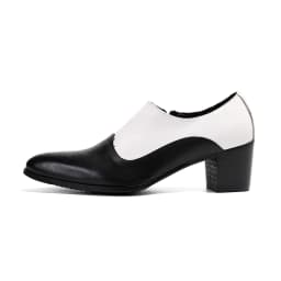 Men's High Heel Cowhide Dress Shoes, Metal Buckle Round Toe Thick Heel Height Increasing Shoes, Autumn Catwalk Singer Stage Perf