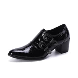 Men's High Heel Cowhide Dress Shoes, Metal Buckle Round Toe Thick Heel Height Increasing Shoes, Autumn Catwalk Singer Stage Perf