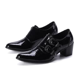 Men's High Heel Cowhide Dress Shoes, Metal Buckle Round Toe Thick Heel Height Increasing Shoes, Autumn Catwalk Singer Stage Perf