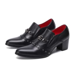 Men's High Heel Cowhide Dress Shoes, Metal Buckle Round Toe Thick Heel Height Increasing Shoes, Autumn Catwalk Singer Stage Perf