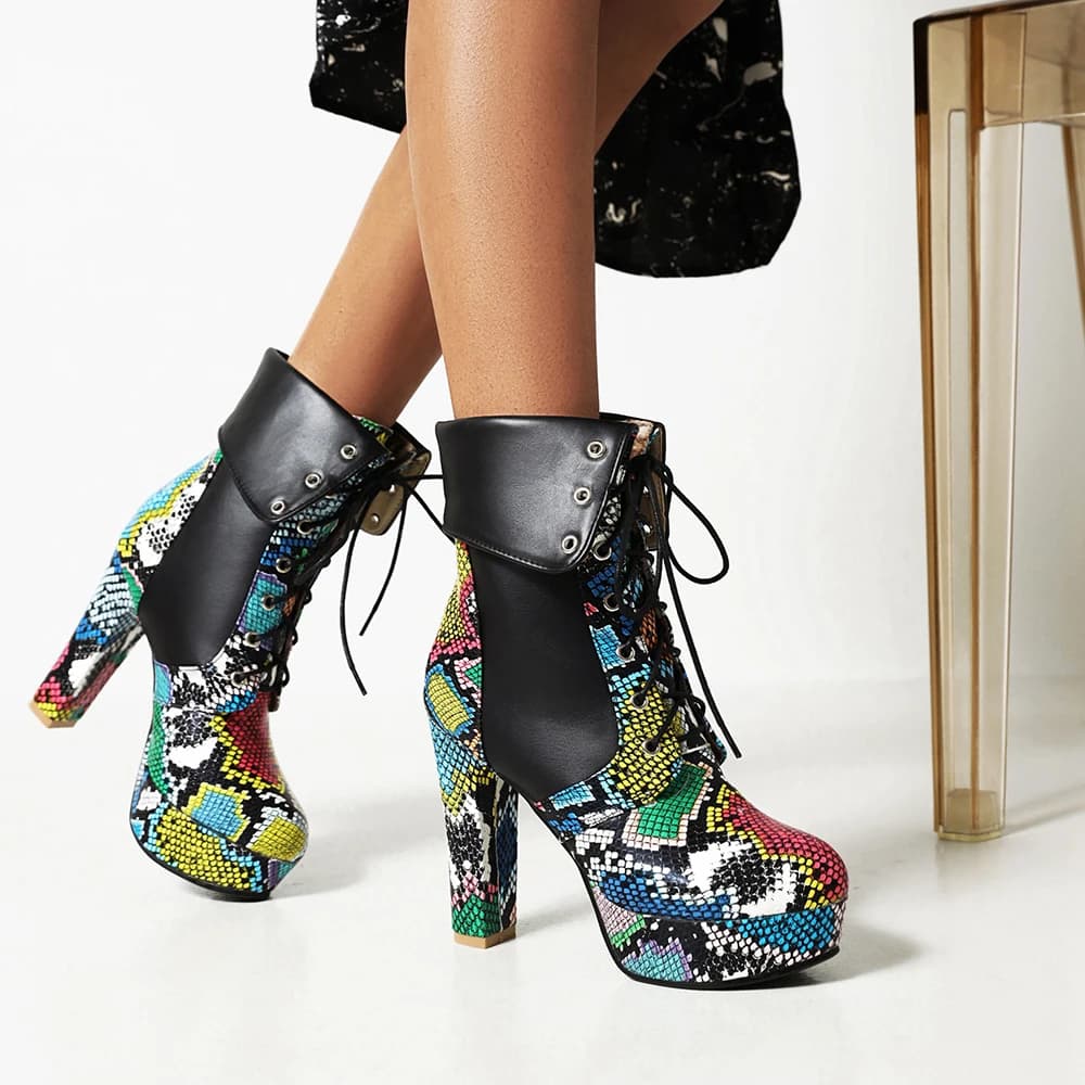 Flanging Snakeskin Pattern High Thick Heel Sexy Women's Short Boots Platform Cross Straps Color Matching Large Size Ankle Boots