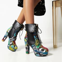 Flanging Snakeskin Pattern High Thick Heel Sexy Women's Short Boots Platform Cross Straps Color Matching Large Size Ankle Boots