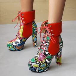 Flanging Snakeskin Pattern High Thick Heel Sexy Women's Short Boots Platform Cross Straps Color Matching Large Size Ankle Boots