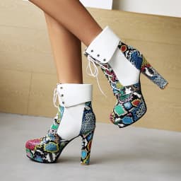 Flanging Snakeskin Pattern High Thick Heel Sexy Women's Short Boots Platform Cross Straps Color Matching Large Size Ankle Boots