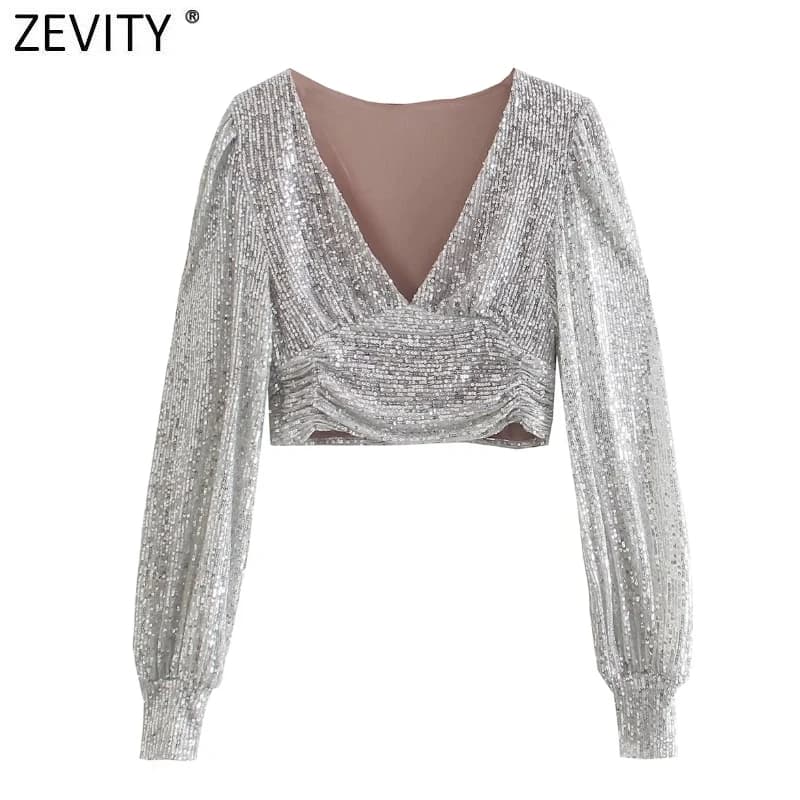 Zevity Women Sexy Deep V Neck Short Sequined Smock Blouse Lady Chic Pleats Puff Sleeve Party Wear Crop Shirts Blusas Tops LS9954