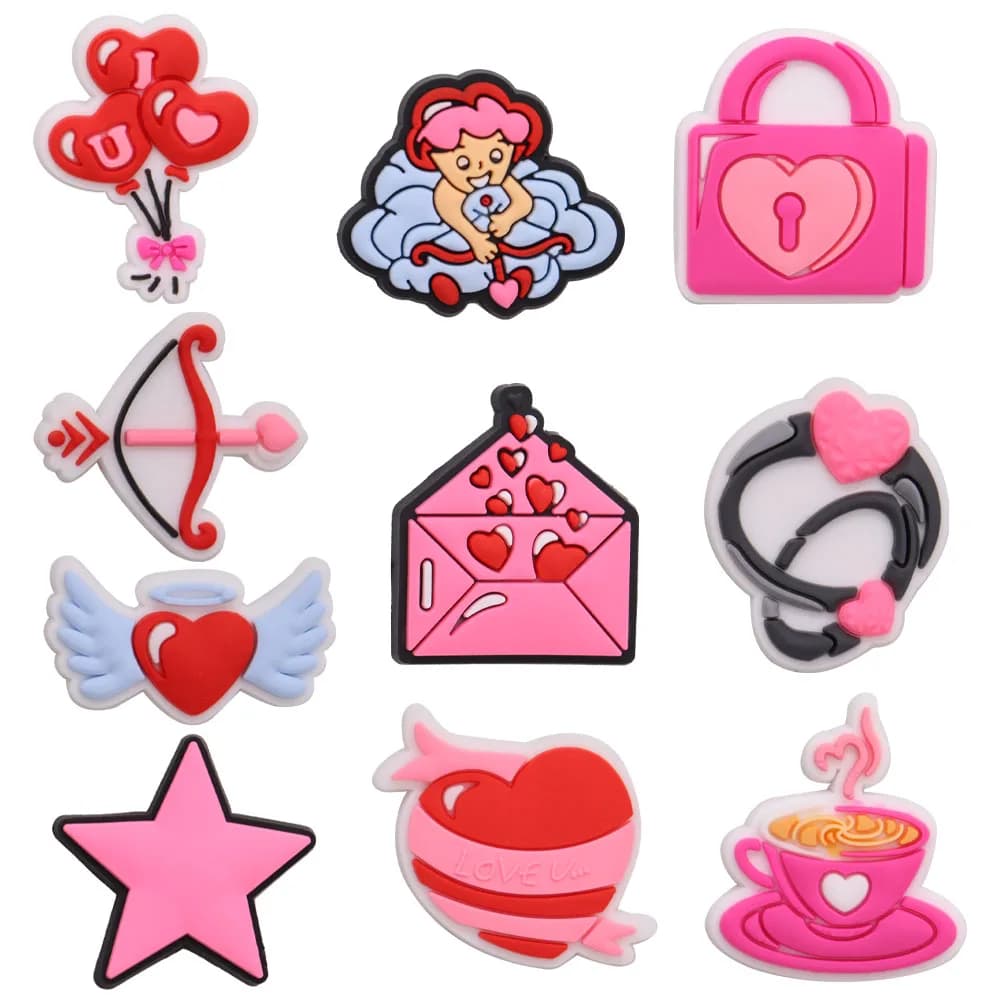 1-17Pcs Wings Angel Star Pink Bubble Cat Dog Cupid's Arrow Heart Pink Bag Shoe Charms Clog PVC Buckle Accessories