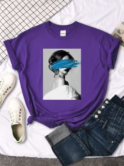 Art Portrait Character Smear Print Women Tshirts Summer Fashion T-Shirt Breathable O-Neck Tee Shirts Soft Cool T-Shirt Female