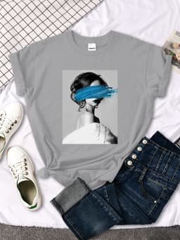 Art Portrait Character Smear Print Women Tshirts Summer Fashion T-Shirt Breathable O-Neck Tee Shirts Soft Cool T-Shirt Female