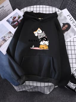 Cute Stacked Cats Sleeping Don'T See The Mouse Women Hoodies Fashion Loose Pullover Casual Fleece Hoody Trend Soft Female Sweat