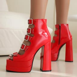 Plus Size Glossy Patent Leather Five-Row Metal Belt Buckle Sandals Square Toe Open-Toe Ultra-High Platform Side Zipper Sandals