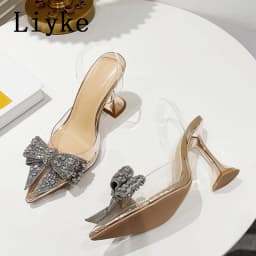 Liyke Elegant Women Party Wedding Shoes Fashion Crystal Butterfly High Heels Sexy Pointed Toe PVC Transparent Pumps Sandals Lady