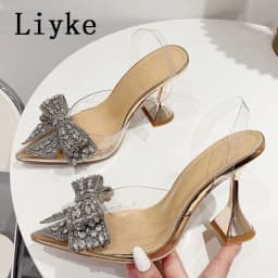 Liyke Elegant Women Party Wedding Shoes Fashion Crystal Butterfly High Heels Sexy Pointed Toe PVC Transparent Pumps Sandals Lady