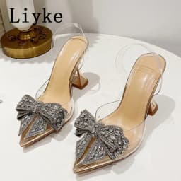 Liyke Elegant Women Party Wedding Shoes Fashion Crystal Butterfly High Heels Sexy Pointed Toe PVC Transparent Pumps Sandals Lady