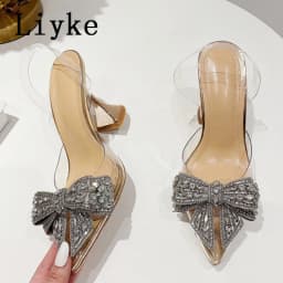 Liyke Elegant Women Party Wedding Shoes Fashion Crystal Butterfly High Heels Sexy Pointed Toe PVC Transparent Pumps Sandals Lady