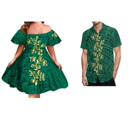 Custom Logo Pacific Island Art Sustainable Ruffle Sleeve Dress Hawaii Tribal Polynesian Hibiscus Sublimation Print Short Dresses