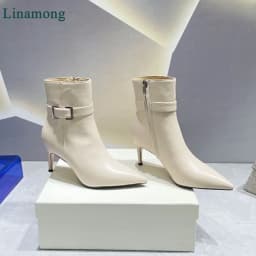 2024 New Leather Fabric Short Boots For Female Women Thin High Heel Pointed Toe Side Zipper Metal Buckle Design Elegant Shoes
