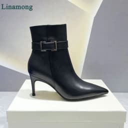 2024 New Leather Fabric Short Boots For Female Women Thin High Heel Pointed Toe Side Zipper Metal Buckle Design Elegant Shoes