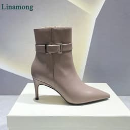 2024 New Leather Fabric Short Boots For Female Women Thin High Heel Pointed Toe Side Zipper Metal Buckle Design Elegant Shoes