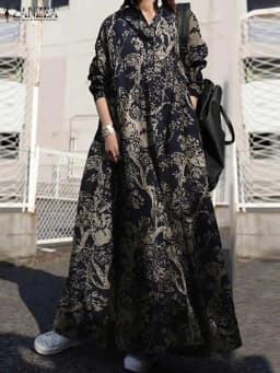 ZANZEA 2025 Autumn Sundress Stylish Women Long Sleeve Loose Dress Casual Solid Maxi Long Dresses Robe Femme Work Vestidos Kaftan