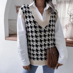 women's Houndstooth knit sweater vest autumn 2023 new loose V-neck sleeveless elegant fashion casual vest sweaters pullover