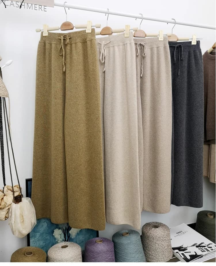 Autumn winter wool knitted wide leg trousers FEMALE drooping feels straight tube leisure tall waist outside wear trousers