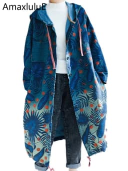 Amax LuluE European 2024 Fall Design Ladies Denim Printed Trench Women Hooded Long Clothes Female Casual Oversized Windbreakers