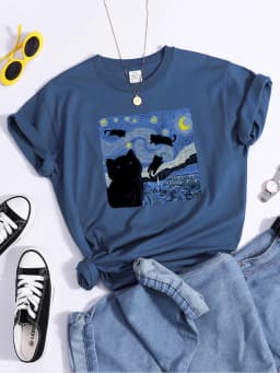 Vincent Van Gogh Starry Night Cute Cat In Painting Print Women's t-Shirt Hip Hop Soft Tops Loose Tshirt Summer Women's Tshirts