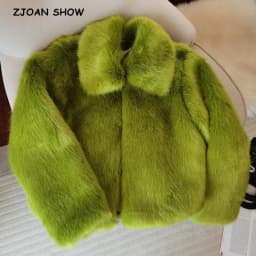Winter Turn down Collar Lapel Hairy Shaggy Soft Faux Fur Coat Green Women Long Sleeve Furry Fur Warm Jacket Short Outerwear