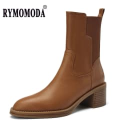 Women Ankle Boots 2025 New Spring Fall Split Cow Leather Block Heel Black ZIP Booties Girl Genuine Leather Handmade Quality Shoe