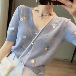 Summer v-neck short ice knit top Women's green bubble sleeve flower embroidery slim slim T-shirt