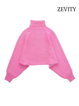 Zevity Women Fashion Loose High Neck Knit Sweater Vintage Wide Long Sleeve With Cuffs Female Pullovers Chic Tops SW2191