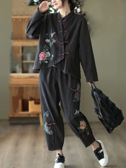 AmaxluluE 2025 Fall Chinese Style Suits Women Denim Floral Two Pieces Sets Loose Fashion Jacket Vintage Elastic High Waist Jeans