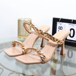 Golden Chain Women's Slippers New in 2026 Square Toe High Heel Outdoor Sandals Elegant Temperament Off White Women's Shoes 9CM